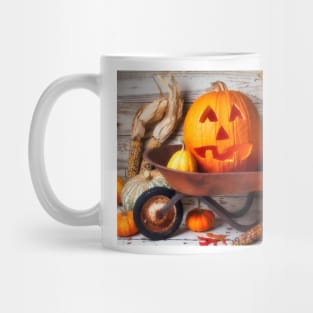 Carved Pumpkin In Old Wheelbarrow Mug